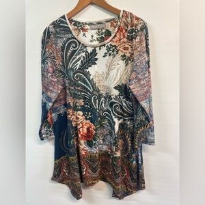 Chicos printed blouse, this is long with vibrant earthy colors.